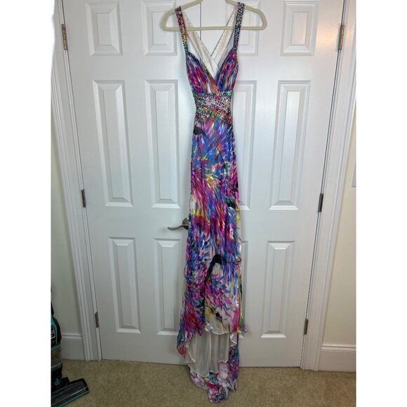 LaFemme Paris Sequin Prom Gown Women's 4 Flowy Silk Beaded Multicolor Open Sides - Picture 4 of 16